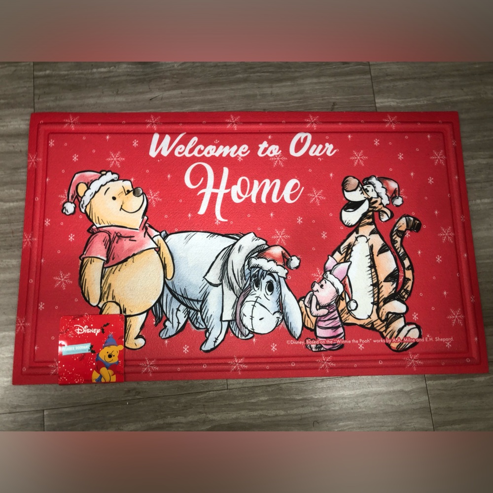 ❌ Disney Winnie the Pooh & Friends Red Rubber Doormat with Festive Design